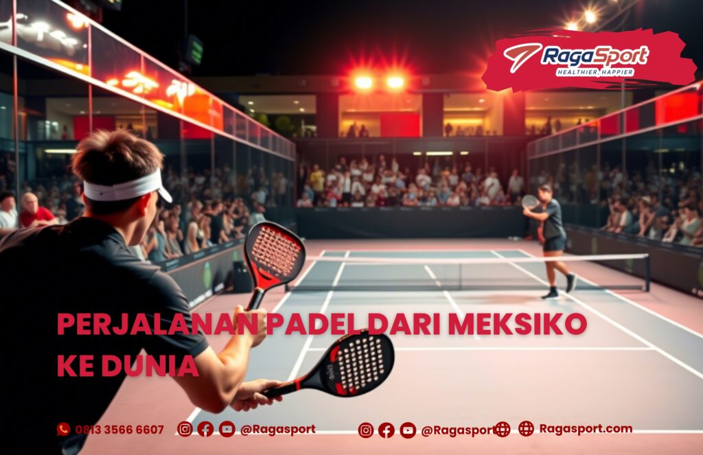 gambar yg menunjukan permainan padel dan ada tulisan perjalanan padel dari meksisko ke dunia
